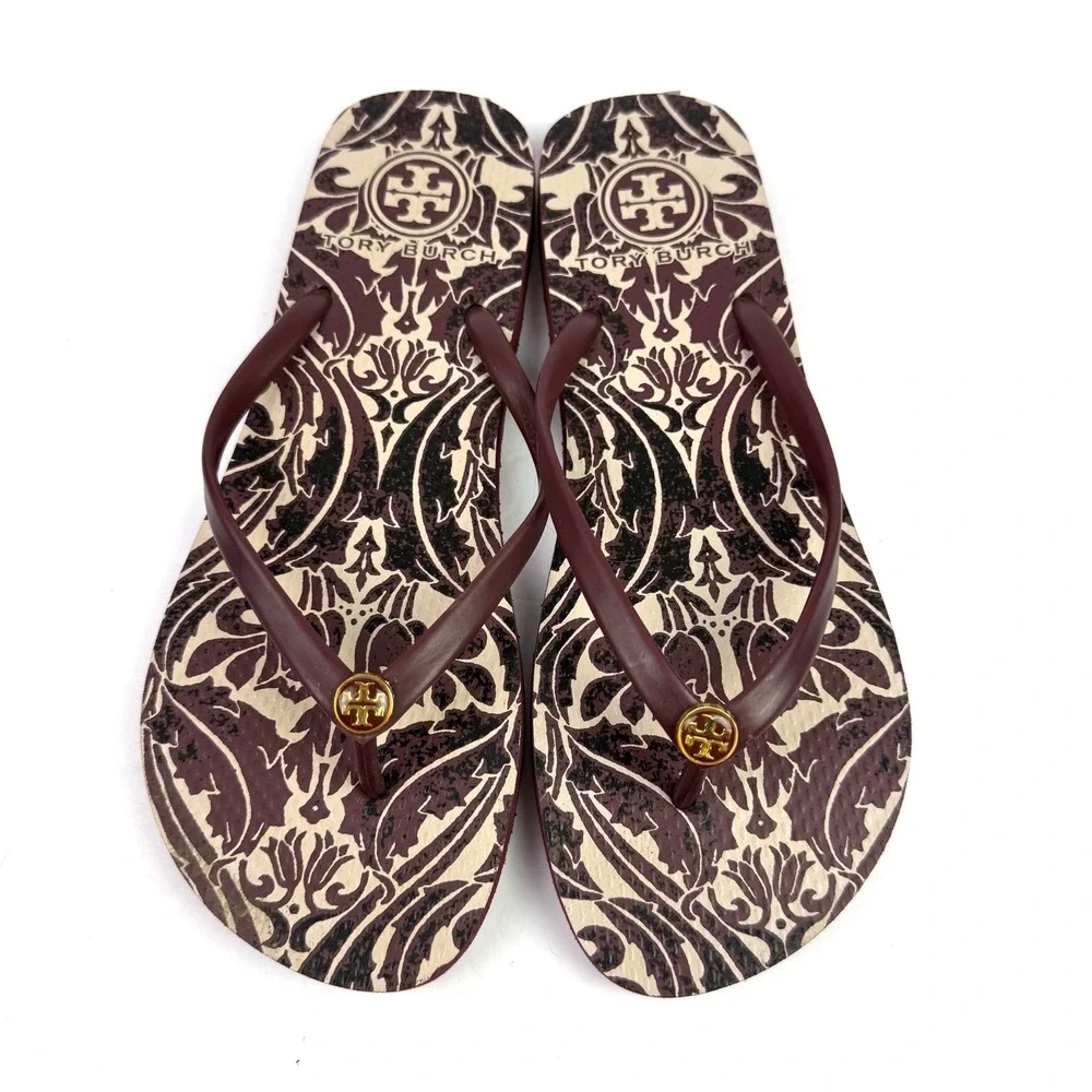 Tory Burch Flip Flops 10 Cabernet Arabesque Slip On Sandals Womens Damask Chic